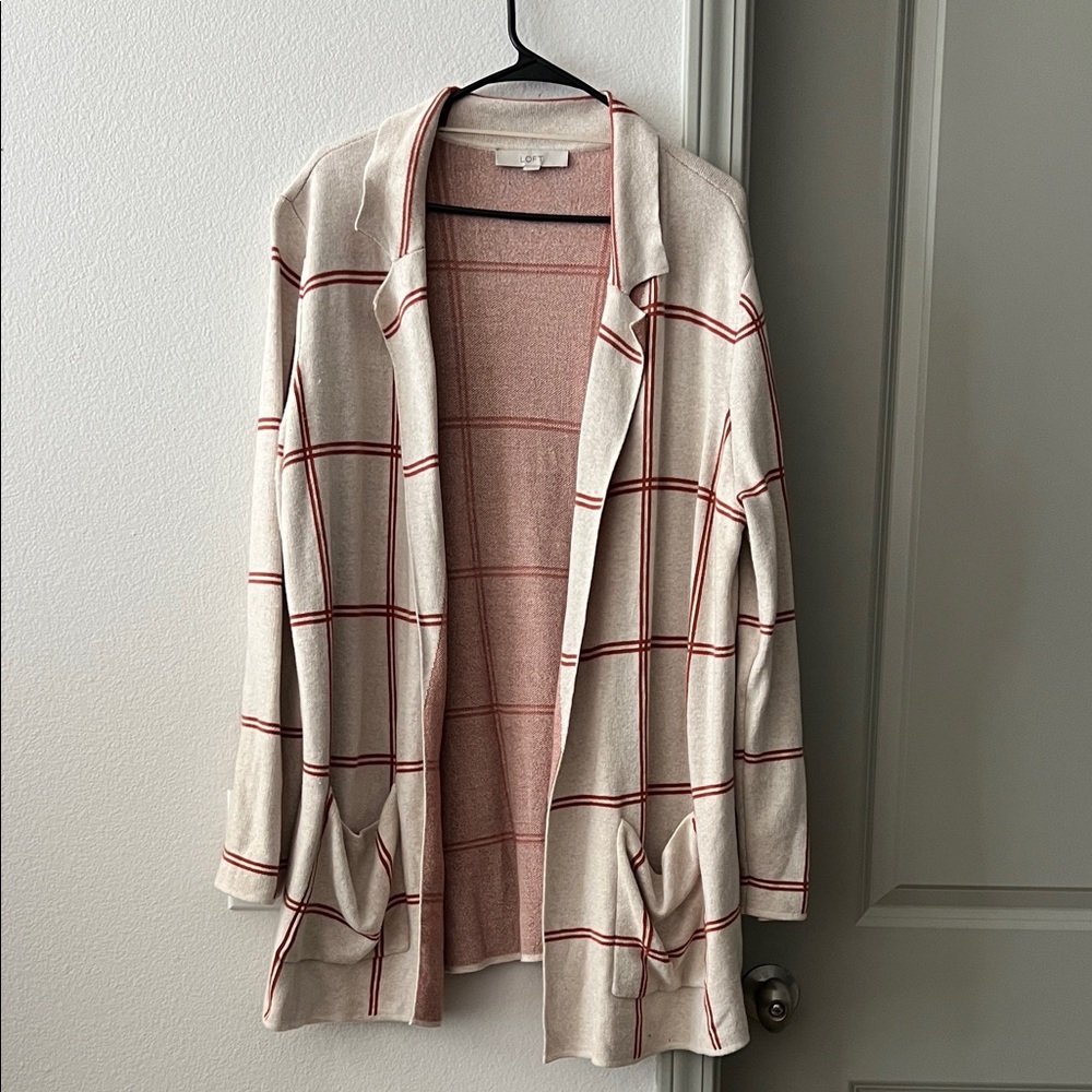 LOFT Cream and Red Plaid Cardigan